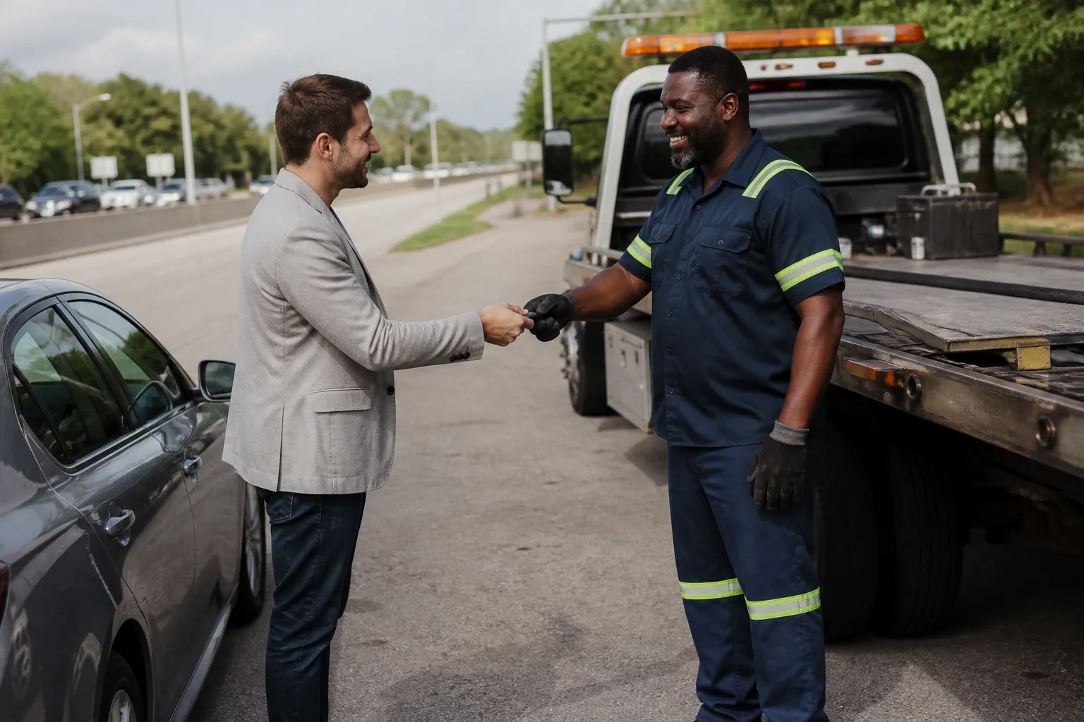 Tow operator helping a relieved driver after a roadside breakdown