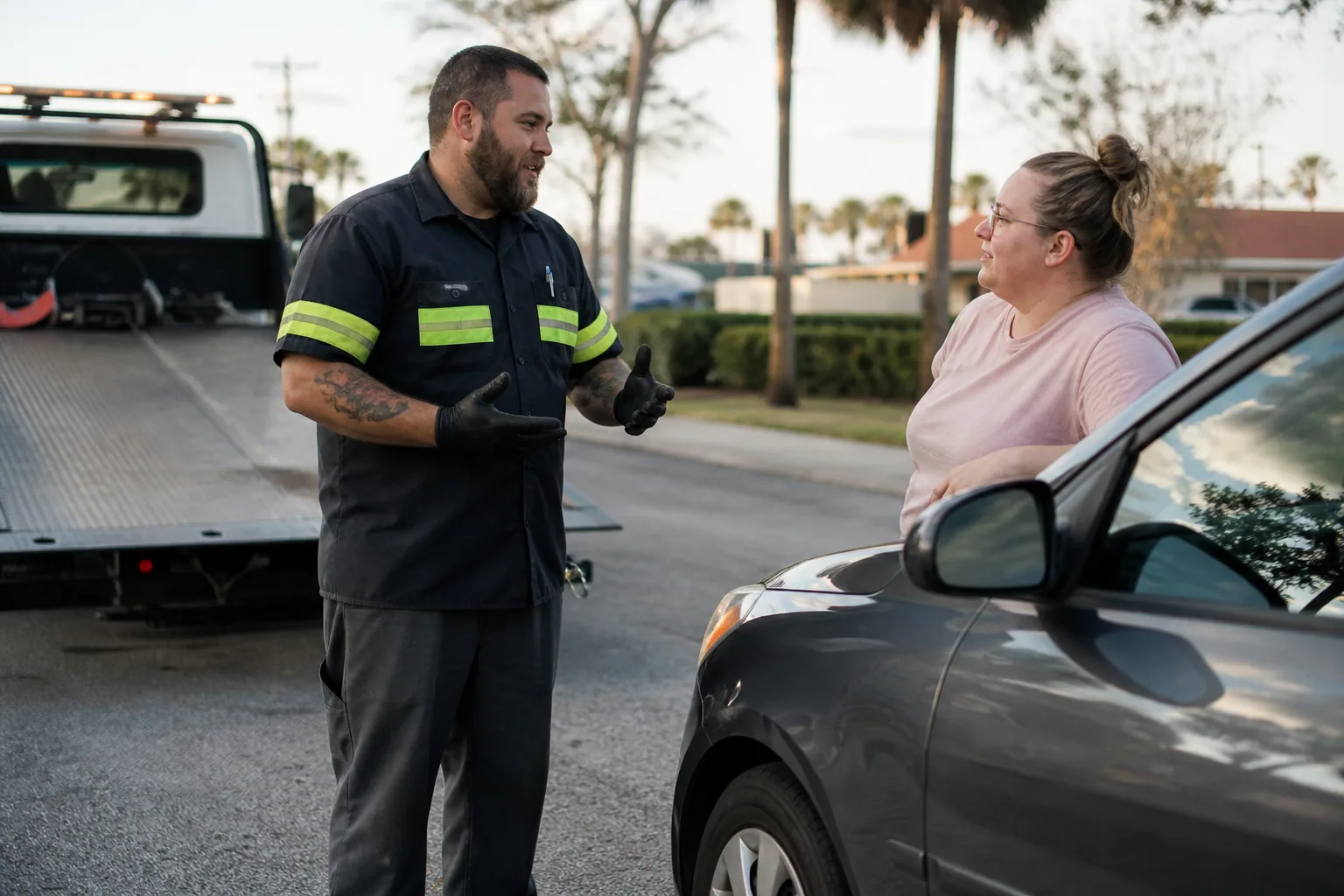 Roadside technician answering questions after assisting a driver