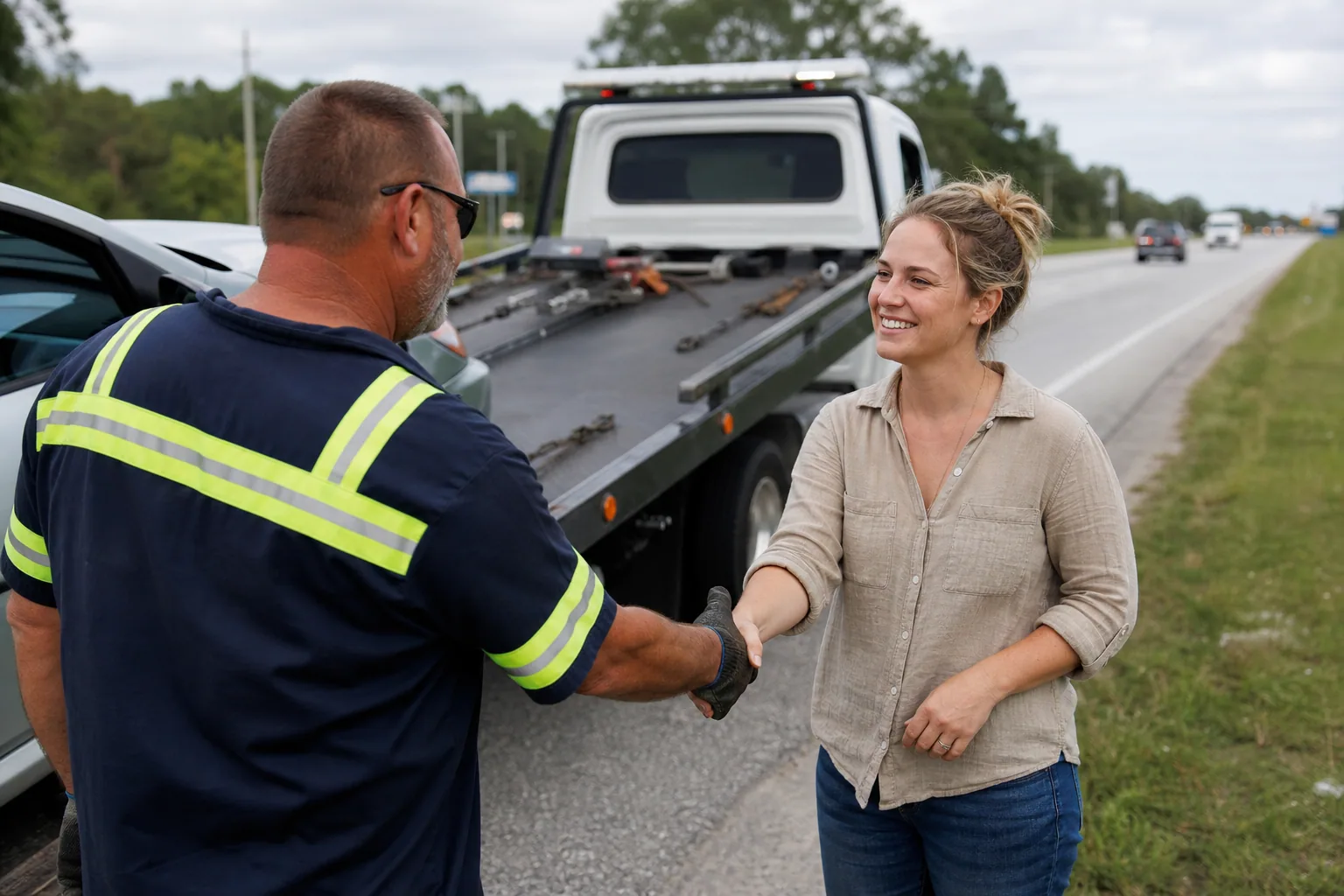 Local towing operator greeting a Clermont driver beside a service truck