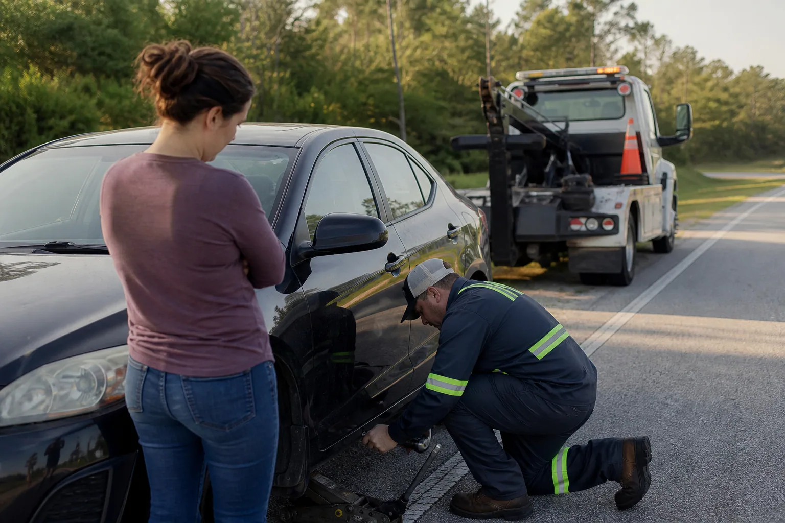 Roadside technician helping with a flat tire in Clermont