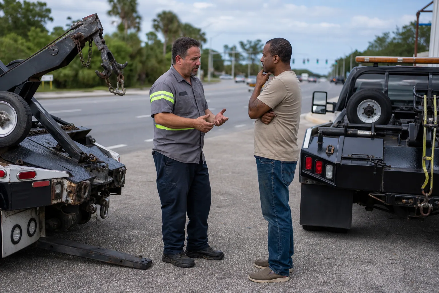 Tow operator explaining towing choices to a Clermont customer