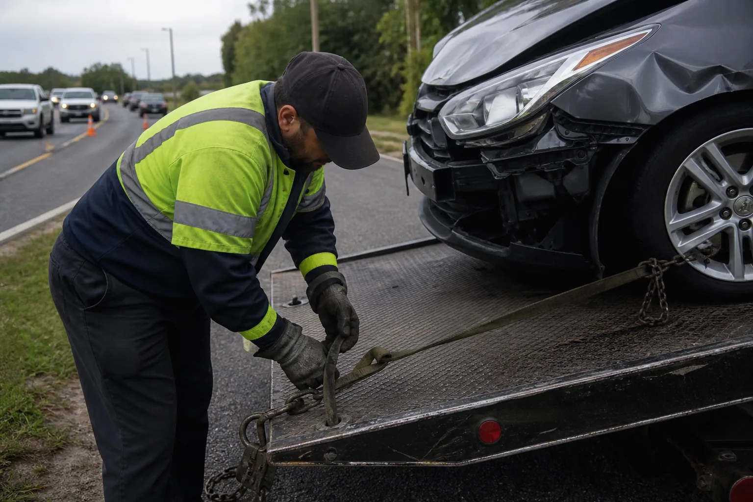 Careful equipment setup for damage-free accident recovery towing