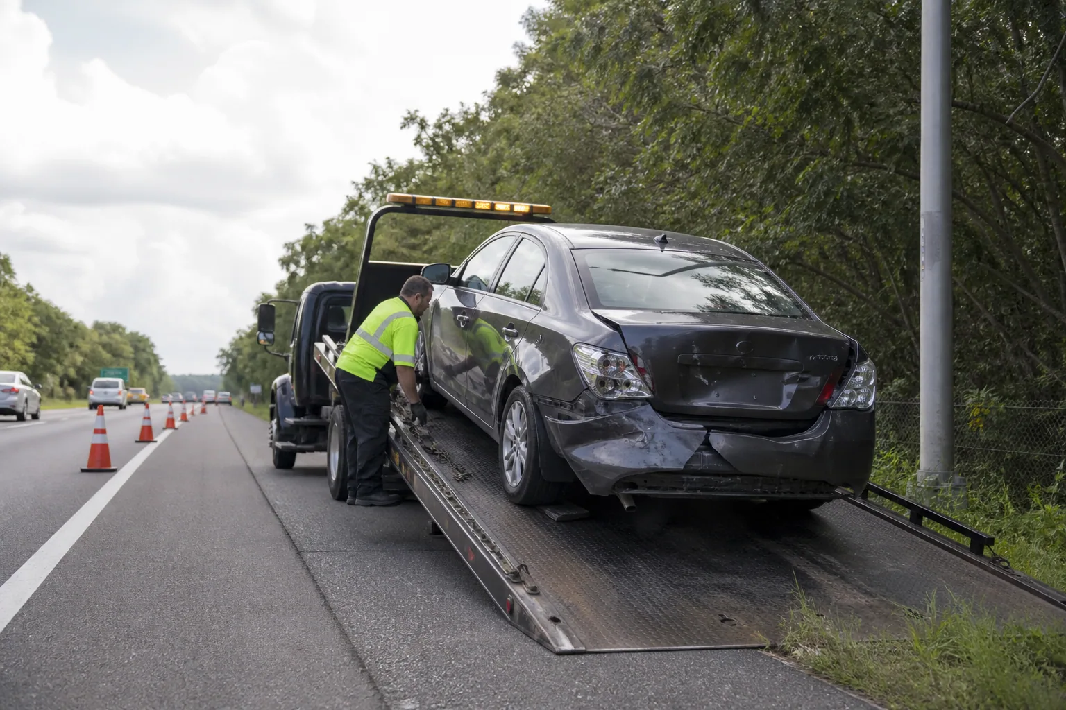 A common accident recovery towing situation handled safely in Clermont