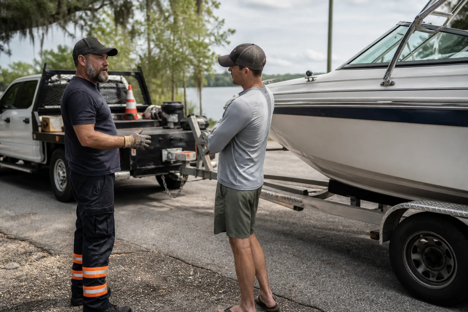Operator explaining boat / trailer towing service to a customer