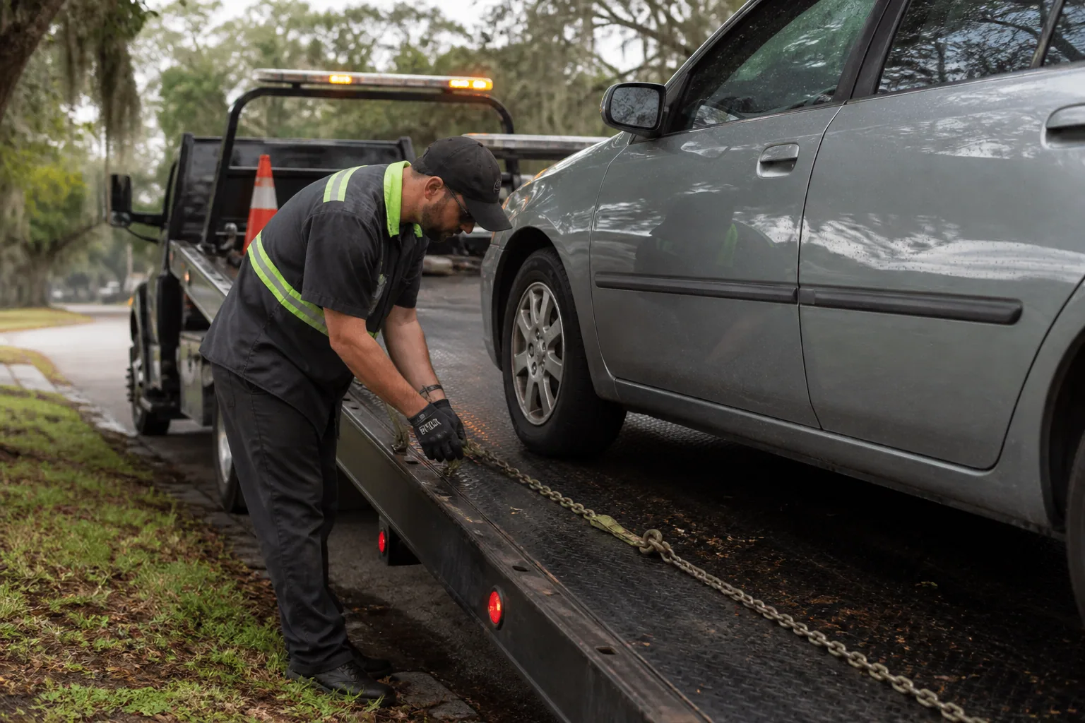 Careful equipment setup for damage-free car towing