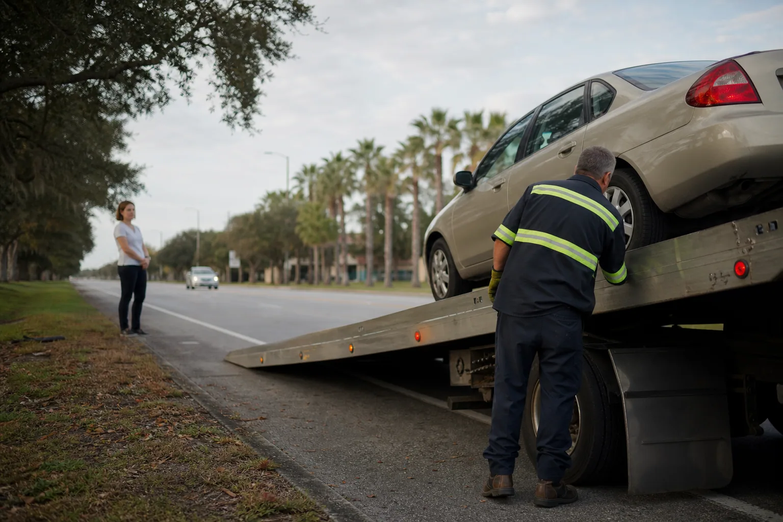 Car Towing help arriving for a waiting Clermont driver