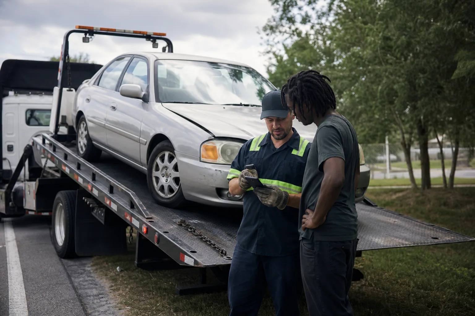 Dispatcher confirming an upfront car towing quote