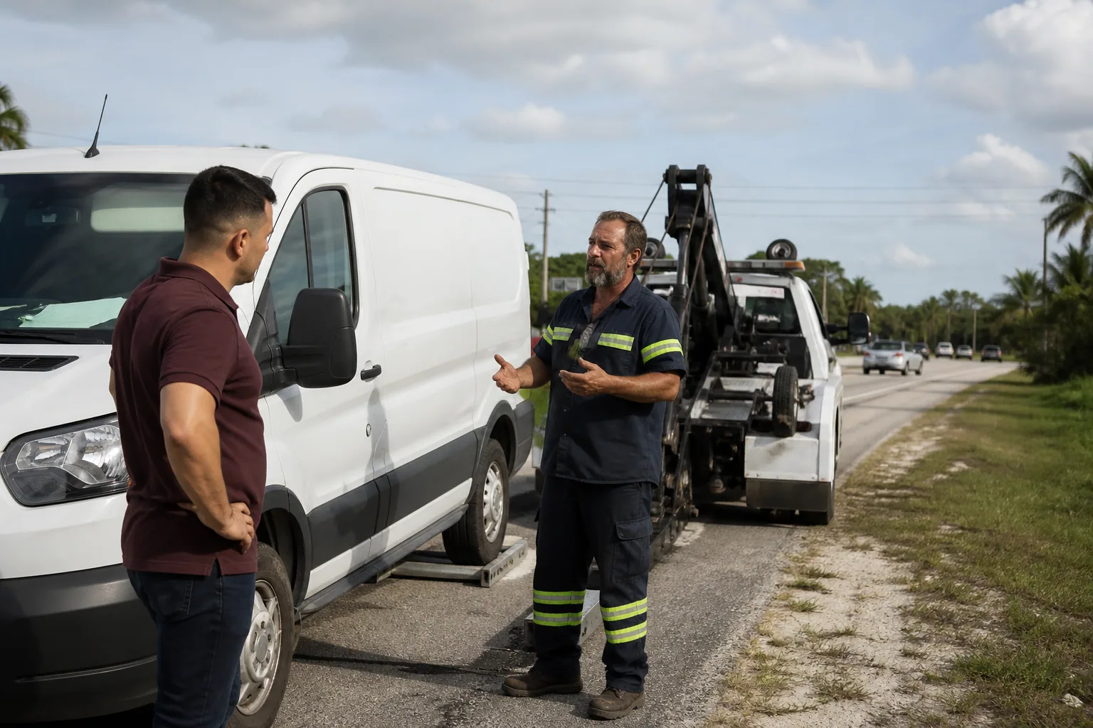 Operator explaining commercial / fleet towing service to a customer