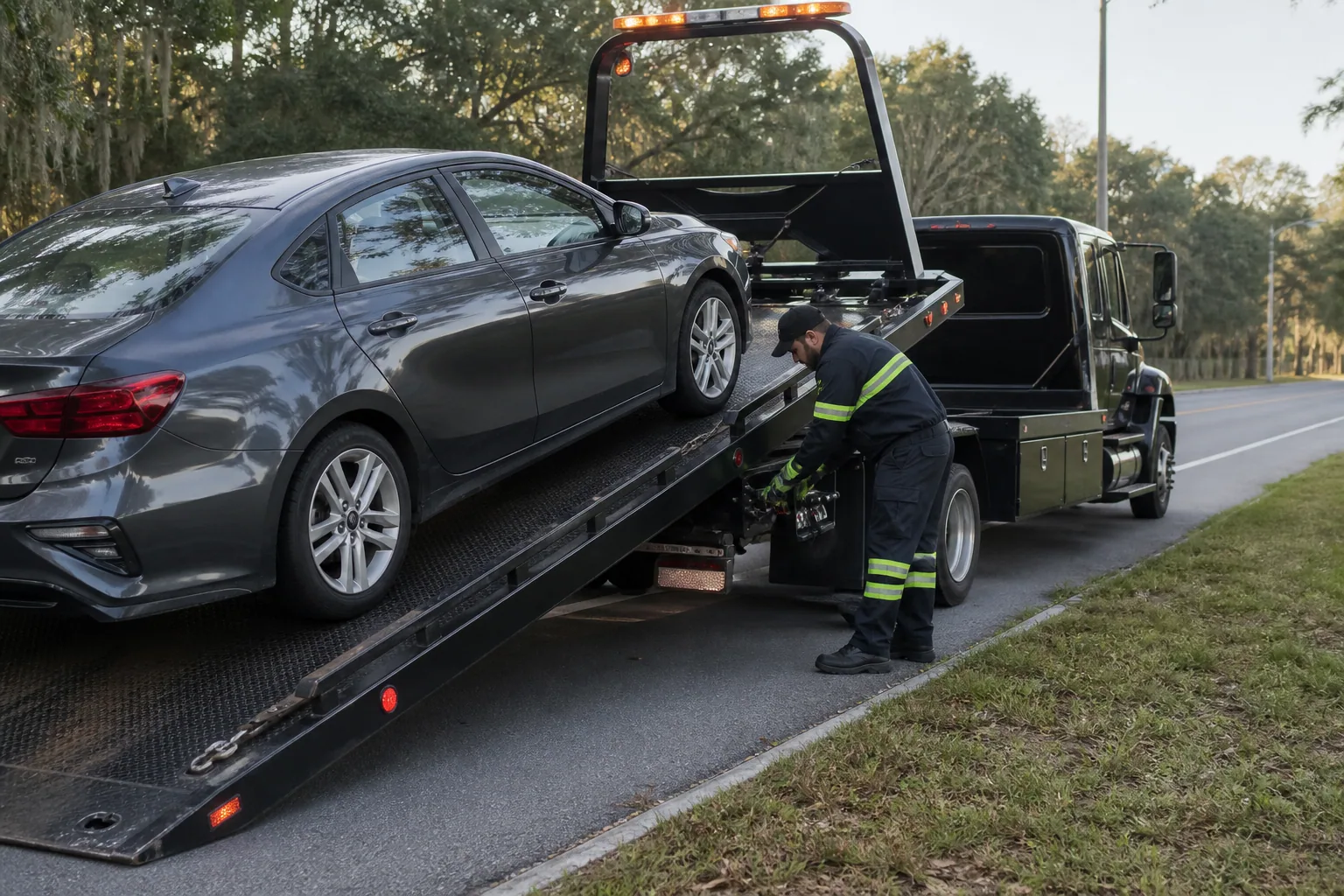 Professional flatbed towing underway in Clermont, Florida