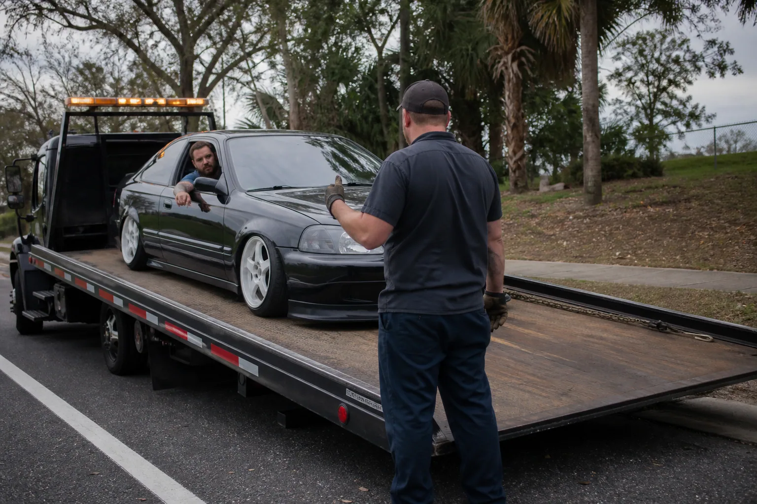 Tow operator assessing a flatbed towing call with a Clermont driver
