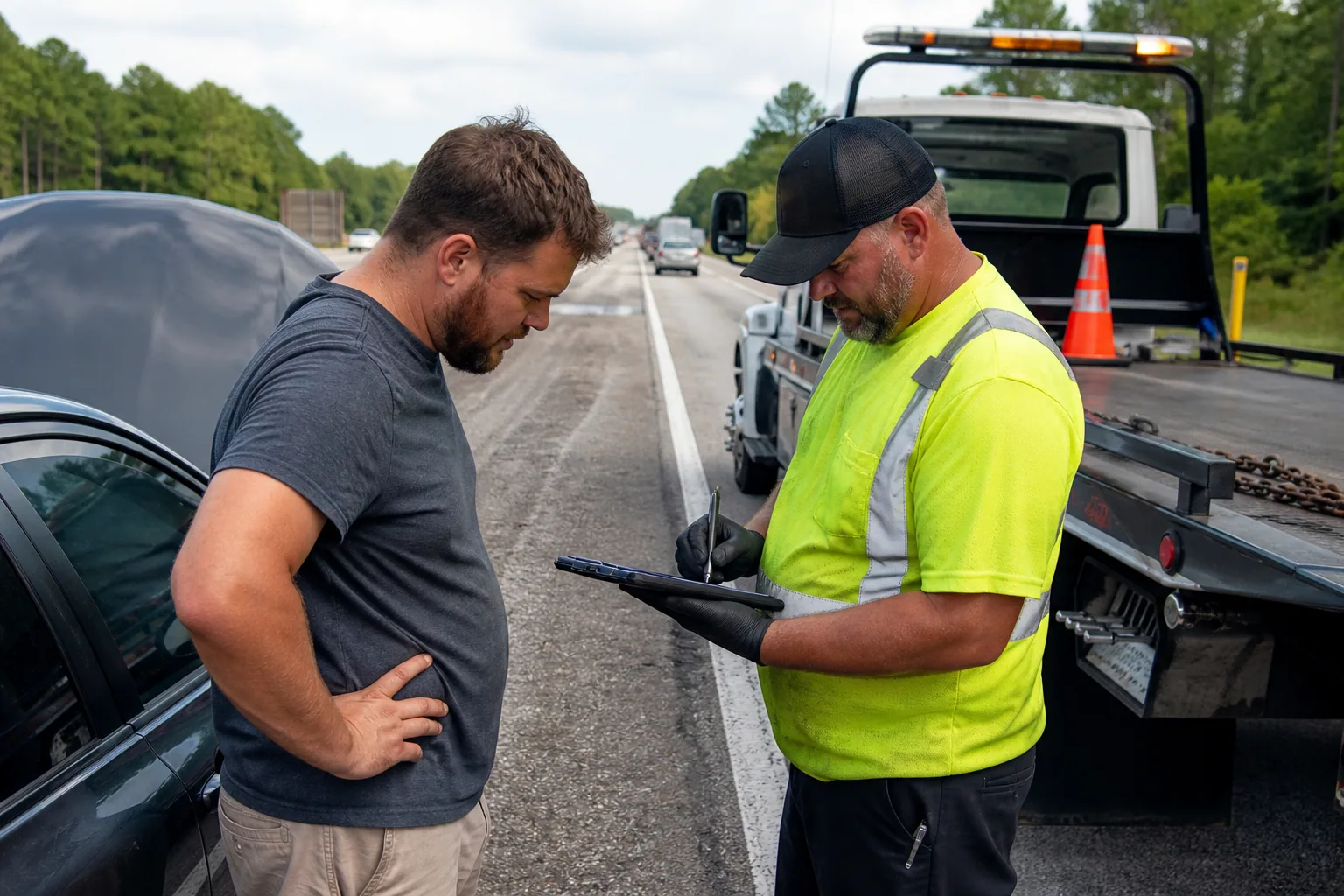 Dispatcher confirming an upfront fuel delivery service quote