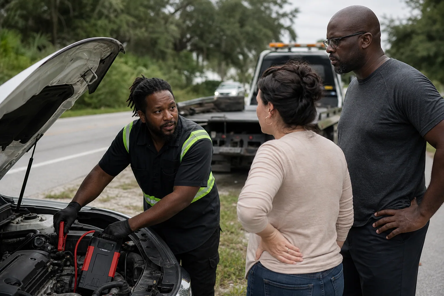 Tow operator assessing a jump start service call with a Clermont driver