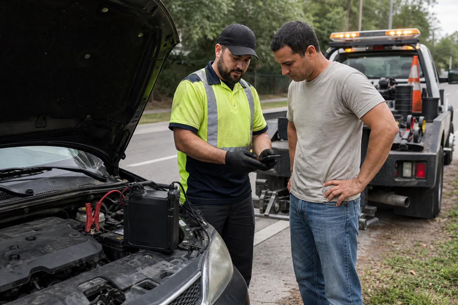 Dispatcher confirming an upfront jump start service quote