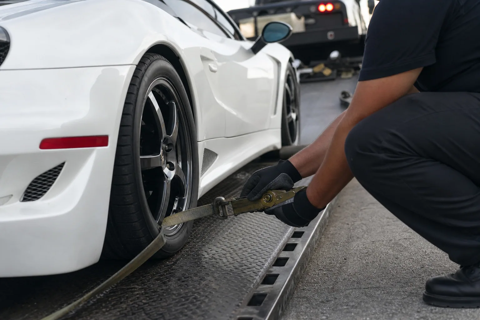 Careful equipment setup for damage-free luxury & exotic car towing