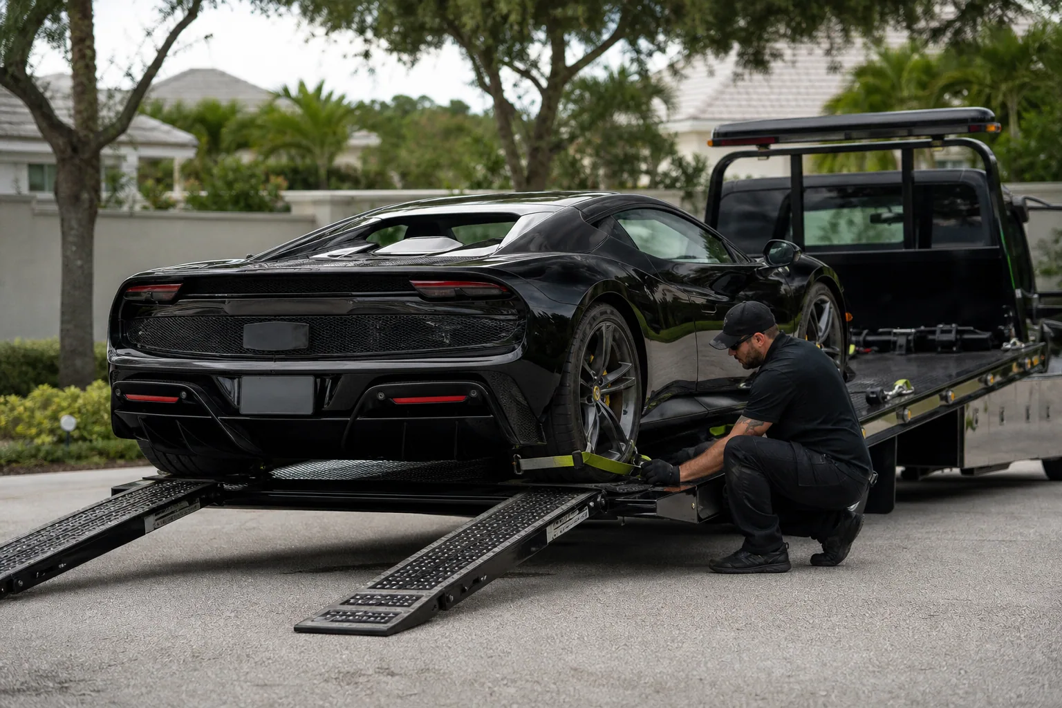 Professional luxury & exotic car towing underway in Clermont, Florida