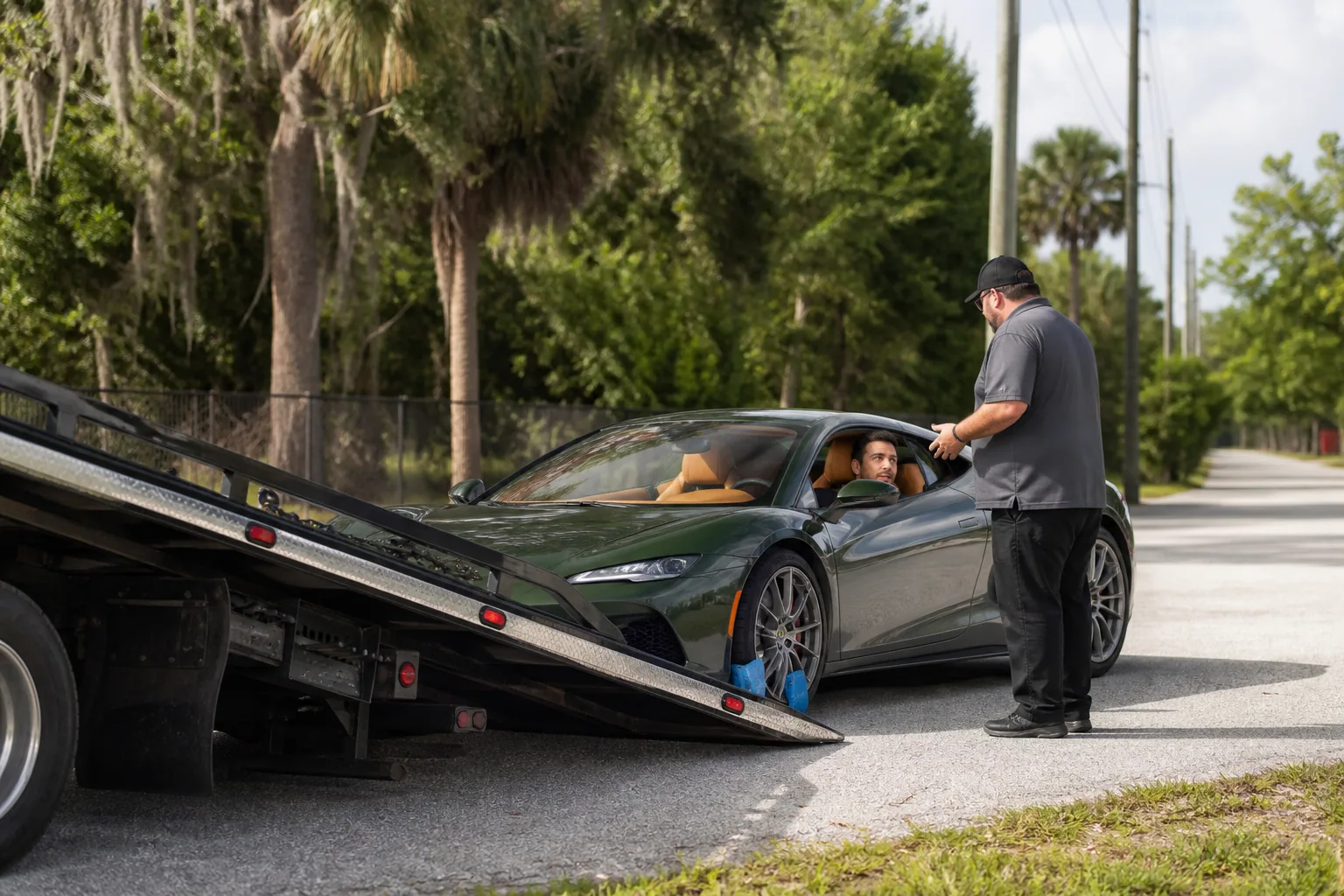 Tow operator assessing a luxury & exotic car towing call with a Clermont driver