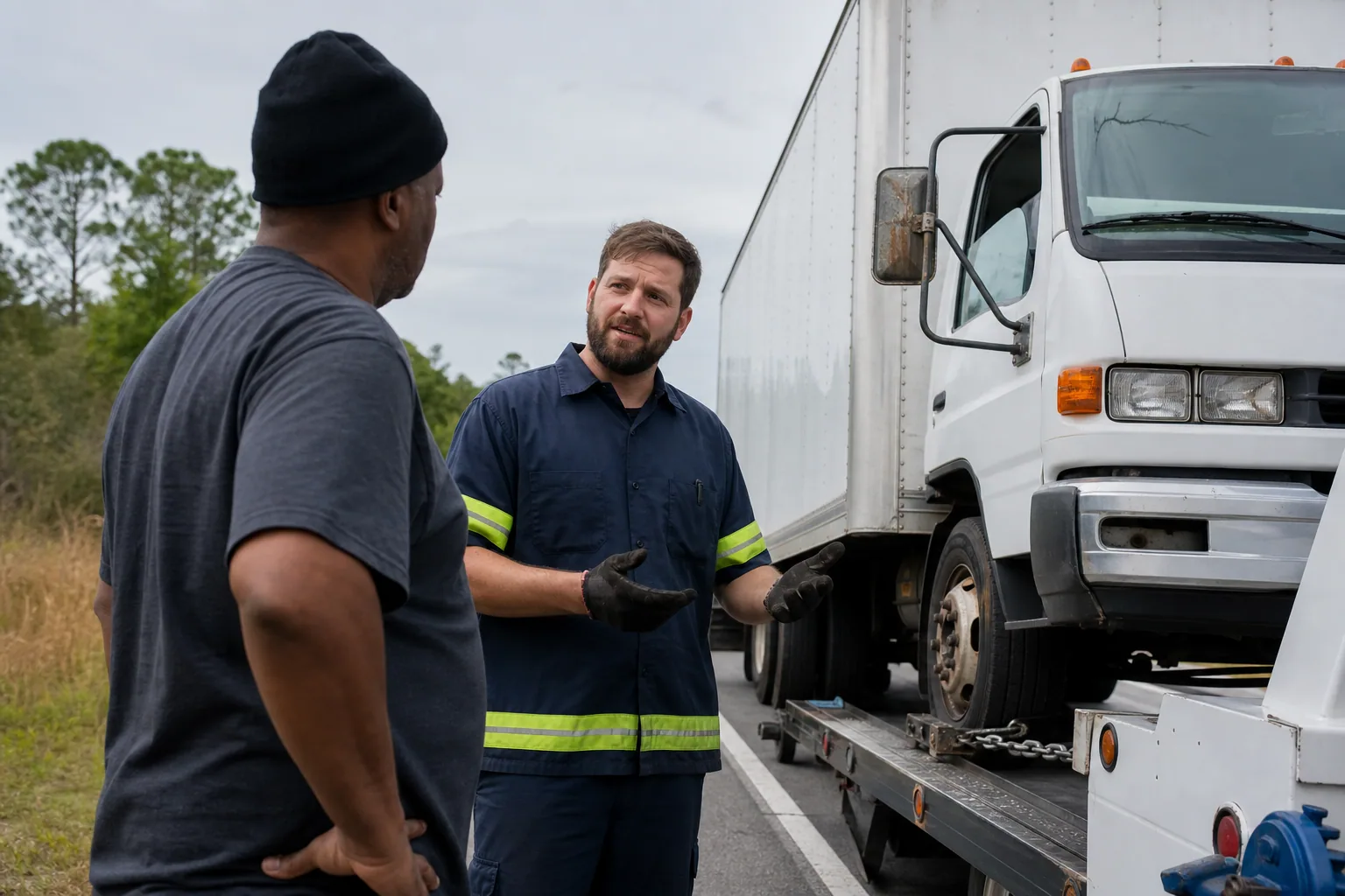 Operator explaining medium-duty towing service to a customer