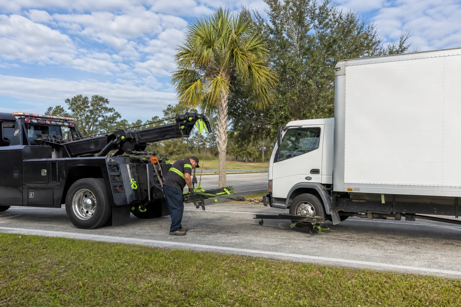 Professional medium-duty towing underway in Clermont, Florida