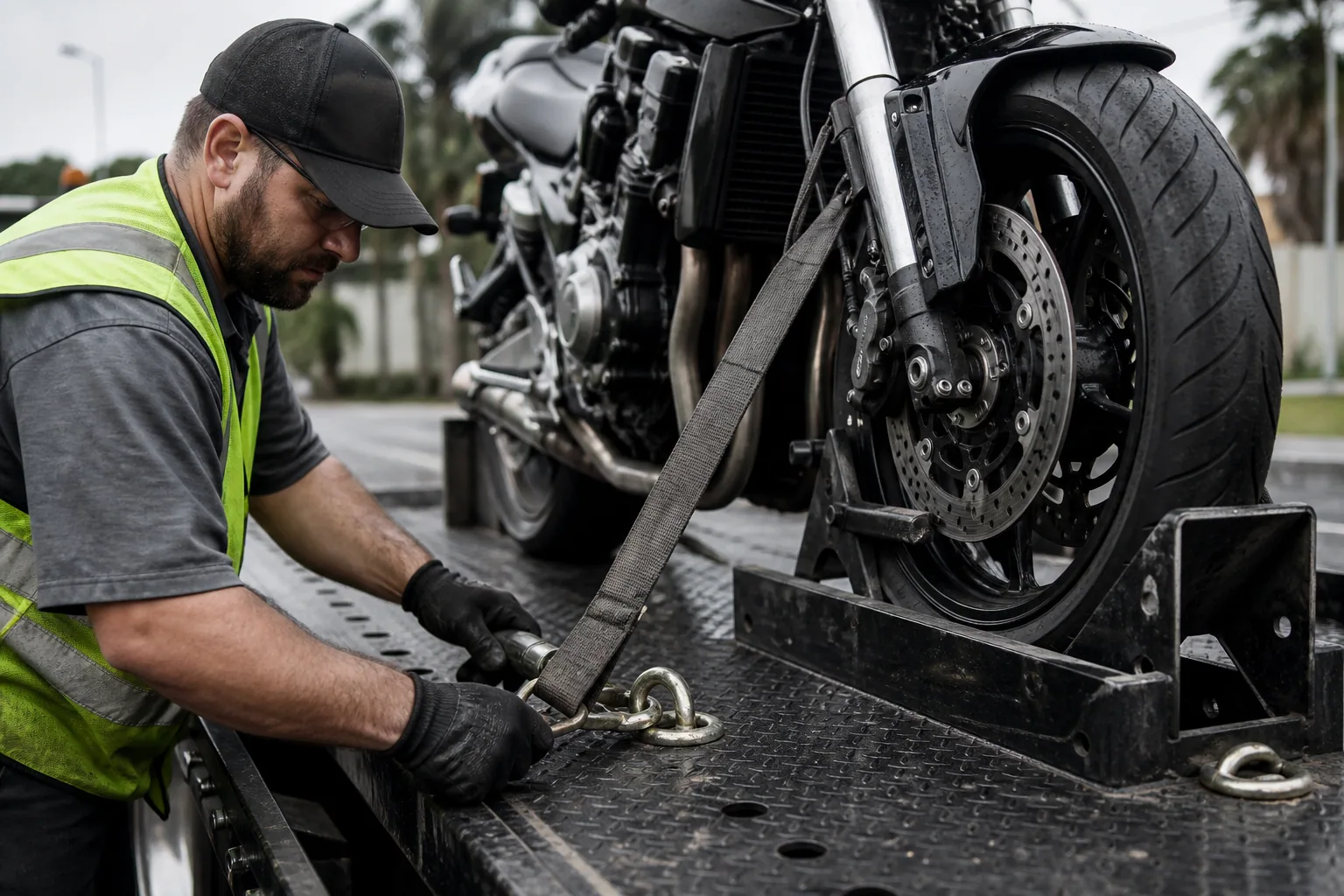 Careful equipment setup for damage-free motorcycle towing