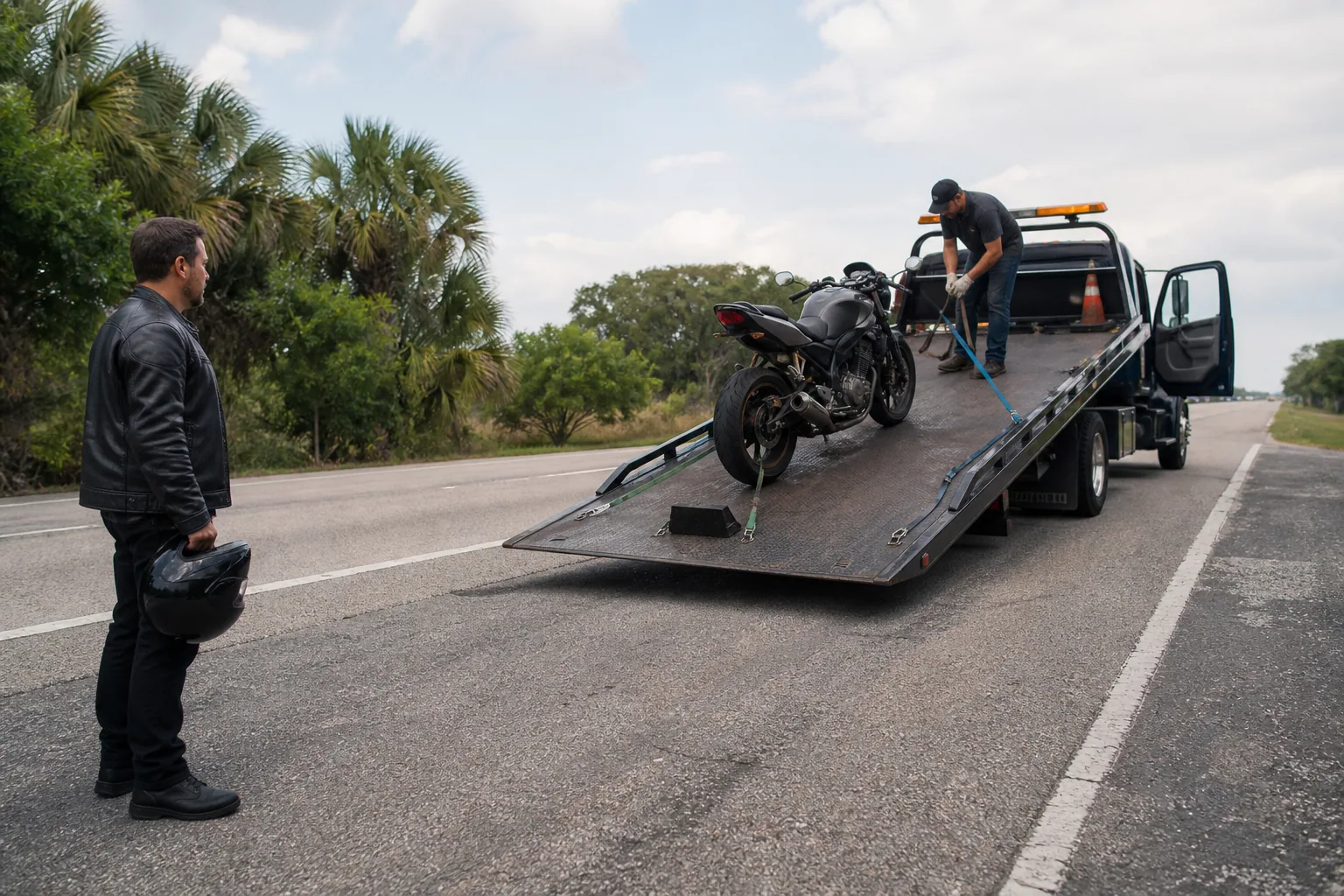 Motorcycle Towing help arriving for a waiting Clermont driver