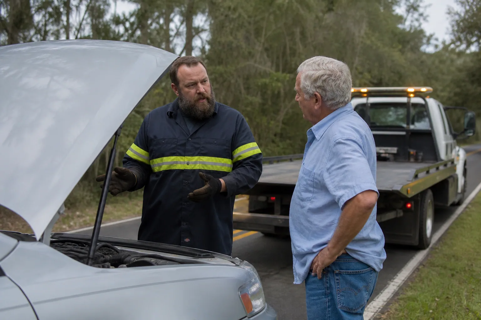 Operator explaining overheating & radiator assistance service to a customer