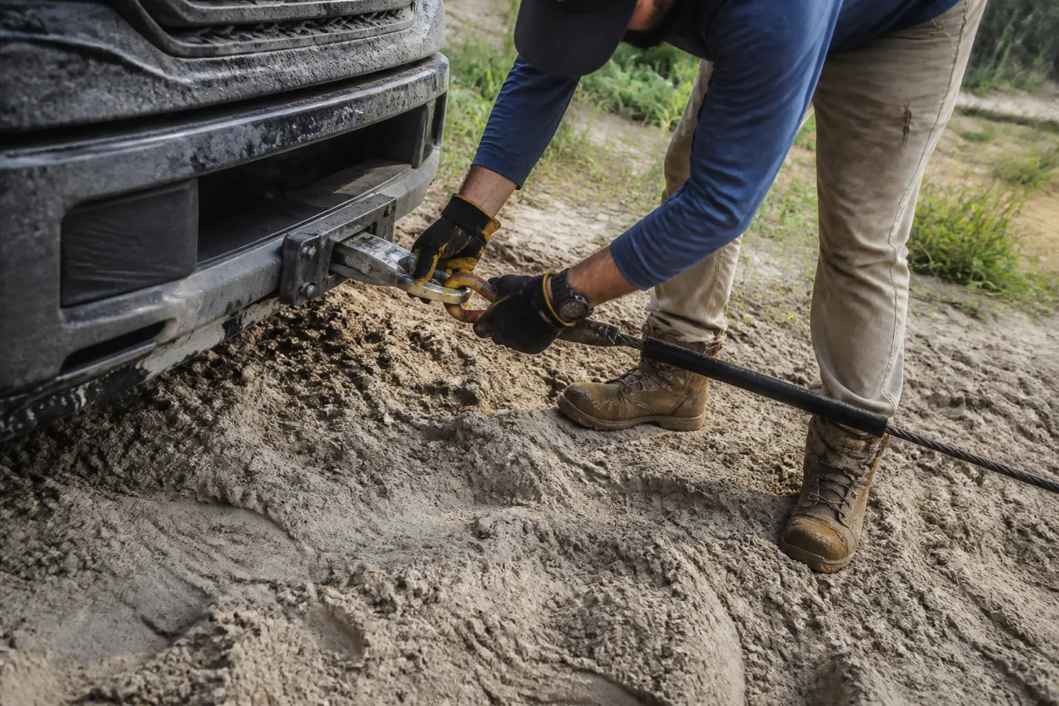 Careful equipment setup for damage-free stuck vehicle recovery