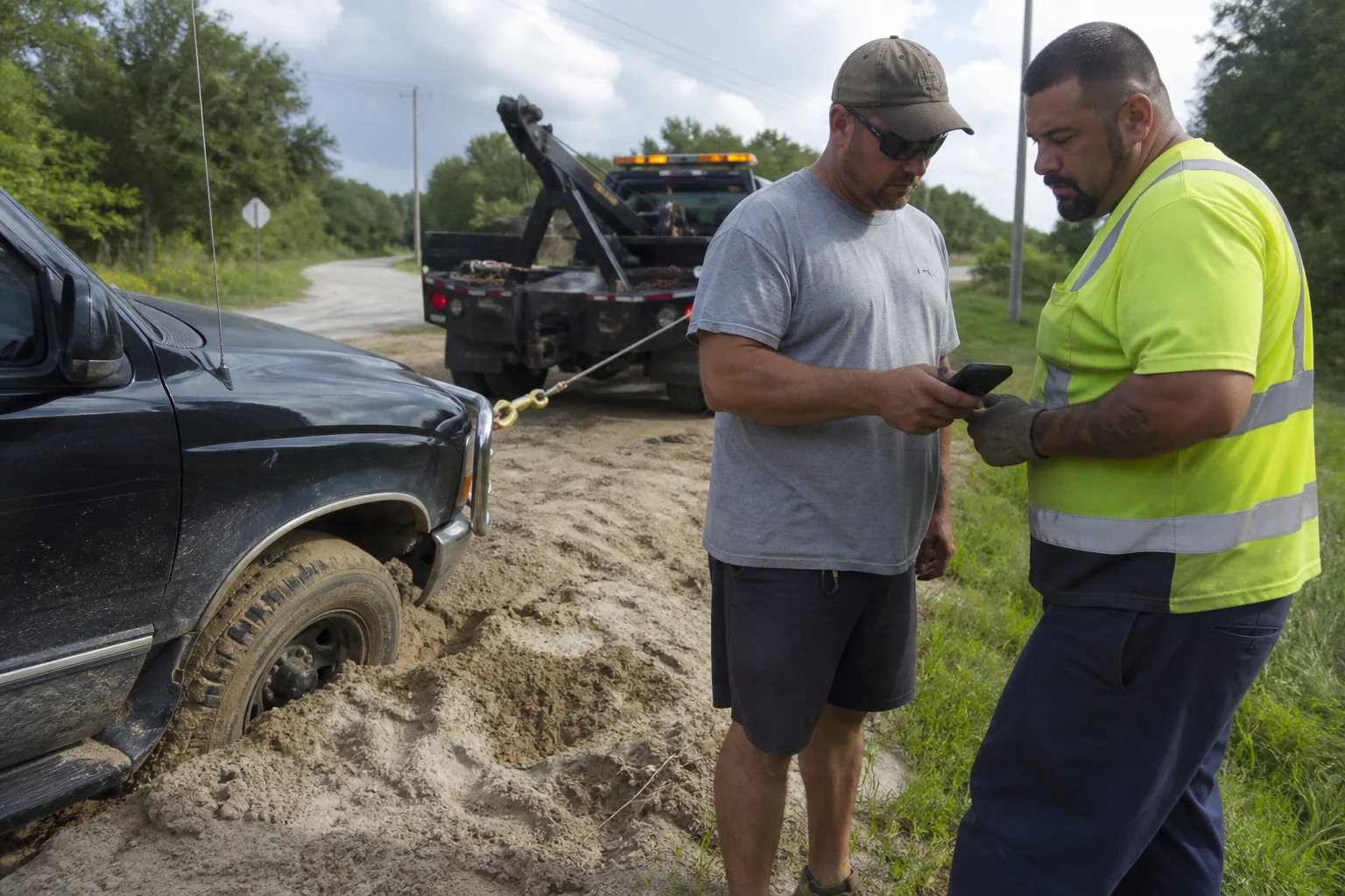 Dispatcher confirming an upfront stuck vehicle recovery quote