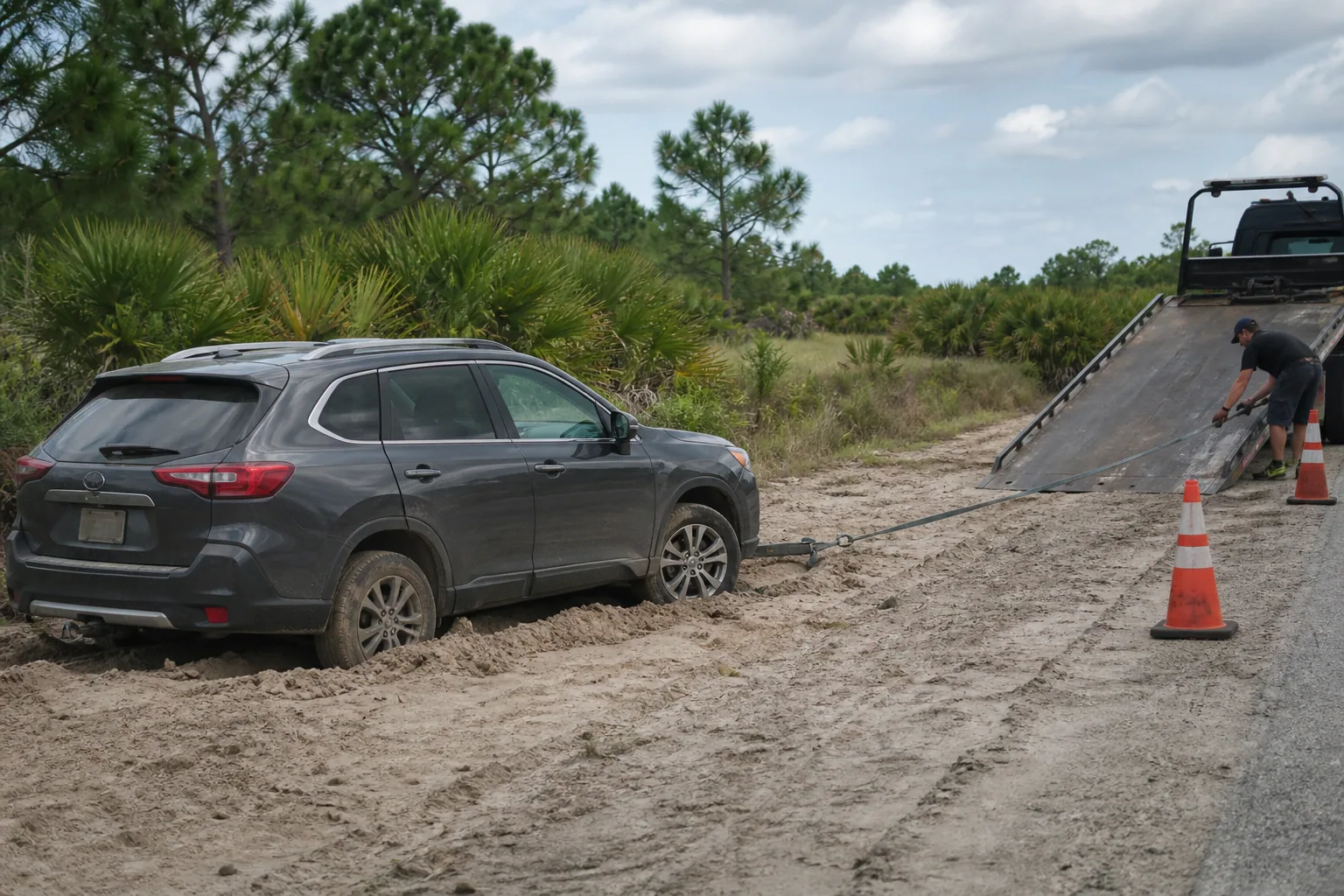A common stuck vehicle recovery situation handled safely in Clermont