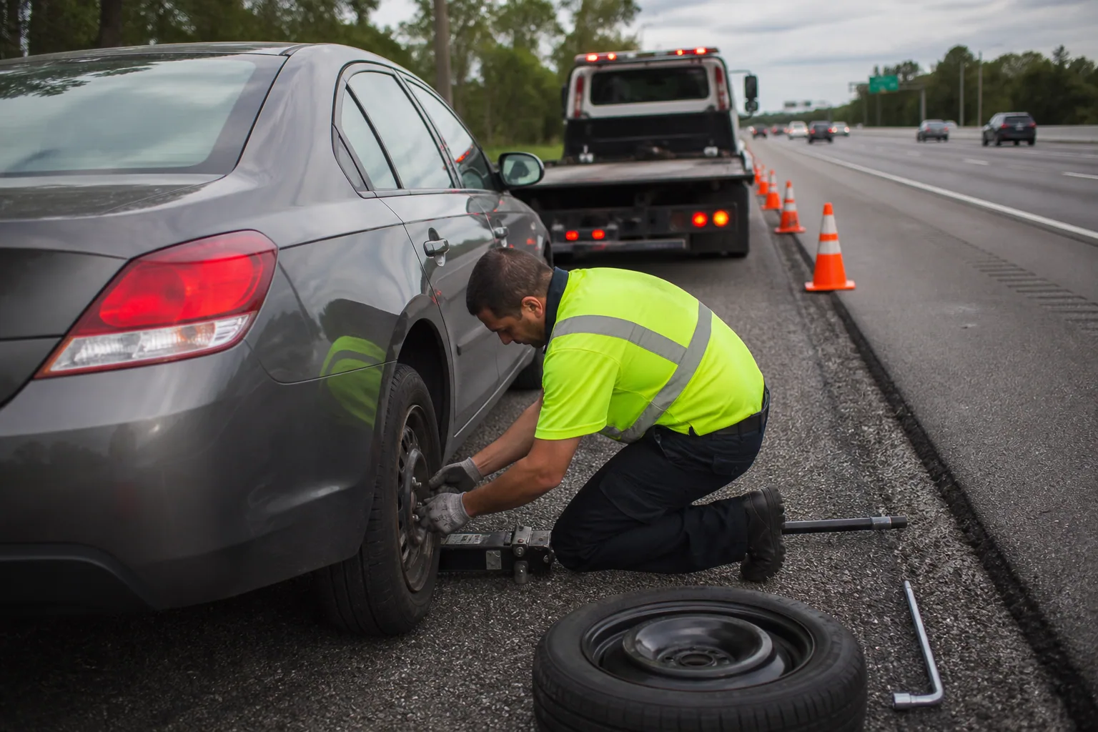 A common tire change service situation handled safely in Clermont