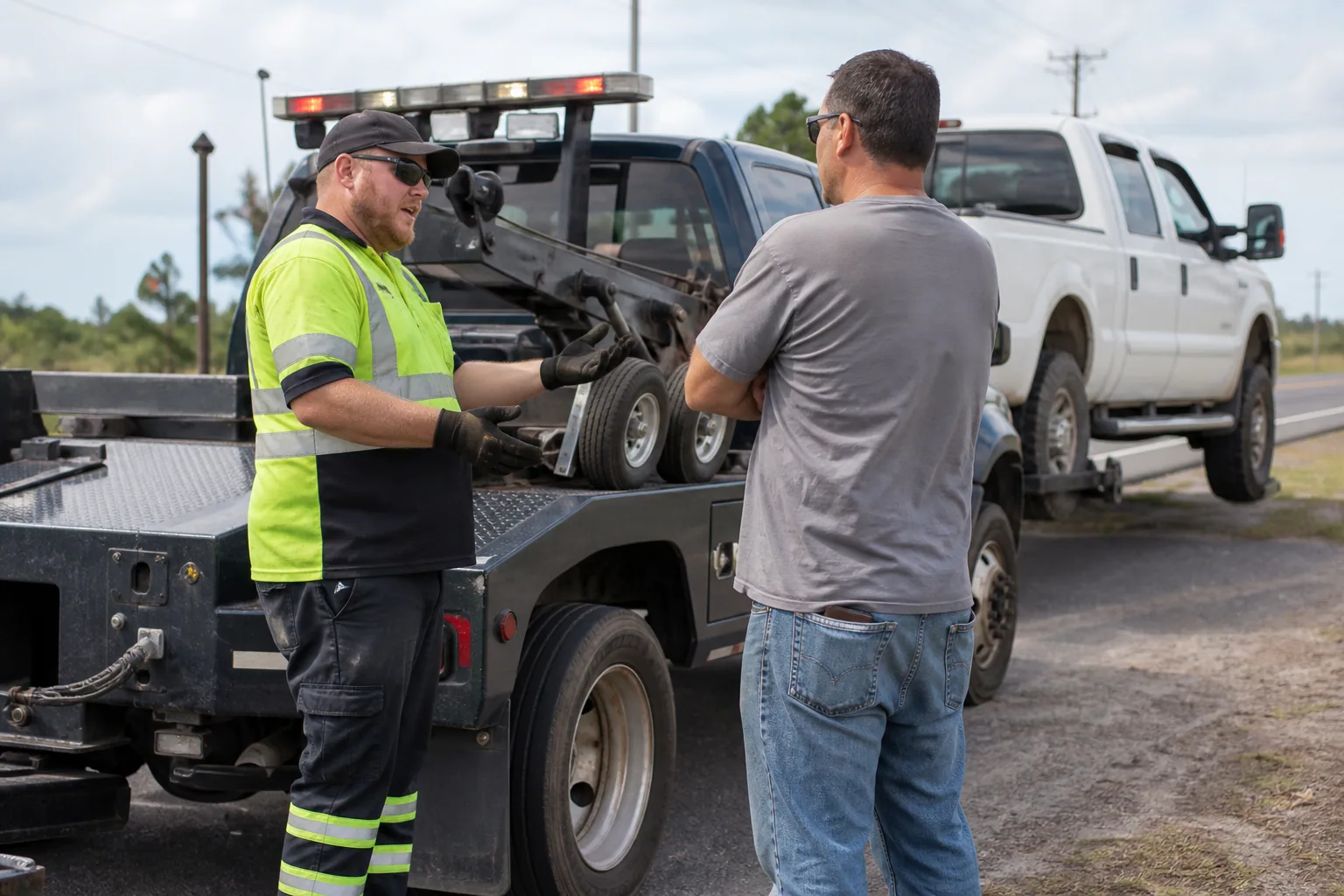 Operator explaining truck towing service to a customer